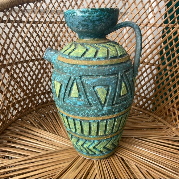 Italy Florentine Art Pottery Sgraffito Pitcher Vase Vessel Rimini Blue Green MCM - Picture 2 of 10